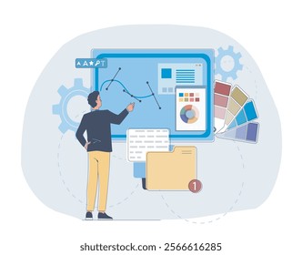 Graphic designer concept. Man developing graphic elements for website. UI and UX design. Interface for mobile applications and programs. Poster or banner. Linear vector illustration