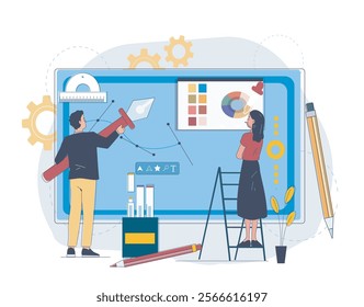 Graphic designer concept. Man and woman developing graphic elements for website. UI and UX design. Interface for mobile applications and programs. Linear vector illustration