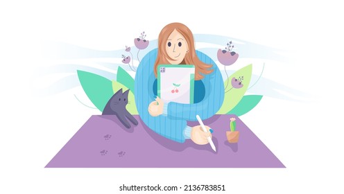 Graphic designer, concept profession digital artist, illustrator. A girl artist draws on a tablet with a cat and a flower. Vector illustration in the flat style. Portrait for website design, banner