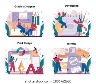 Graphic designer concept set. Digital artist creating brand design, business identica and advert illustration with electronic equipment. Web banner development. Flat illustration vector