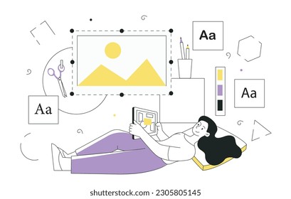 Graphic designer concept. Woman develops interface elements for website, mobile programs and applications. UI and UX design. Girl with creative idea. Linear flat vector illustration