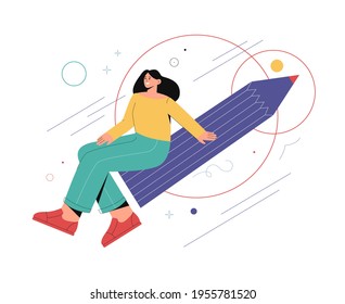 Graphic designer concept. Woman holding big pencil and doing creative work. Vector flat cartoon illustration