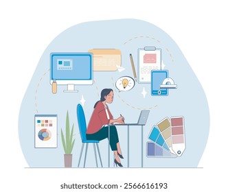 Graphic designer concept. Woman with laptop developing graphic elements for website. UI and UX design. Interface for mobile applications and programs. Template and layout. Linear vector illustration