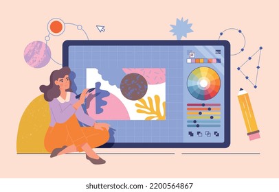 Graphic designer concept. Young girl at computer creates elements for website, develops interface for programs and applications. Remote employee or freelancer. Cartoon flat vector illustration