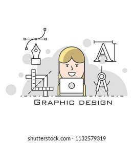 Graphic designer. Cool vector flat design illustration on creative specialist at work with woman working with graphic editor on desktop computer.Line Style. Infographics.