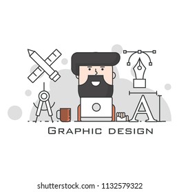 Graphic designer. Cool vector flat design illustration on creative specialist at work with man working with graphic editor on desktop computer.Line Style. Infographics.