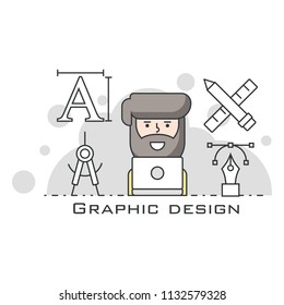 Graphic designer. Cool vector flat design illustration on creative specialist at work with man working with graphic editor on desktop computer.Line Style. Infographics.