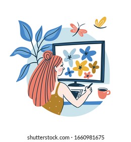 Graphic designer creating fabric pattern design or illustration. Creativity work in home. Young woman busy with creative work. Vector card.