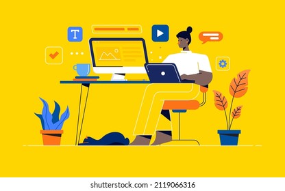 Graphic designer creating functional web interface design for websites and mobile apps. Digital wireframing process concept. Colored flat vector illustration isolated on yellow background