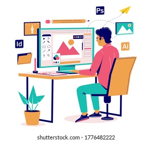 Graphic designer creating his artwork using computer software sitting at desk, vector flat isometric illustration. Digital artist, illustrator, graphic design professional at workplace.