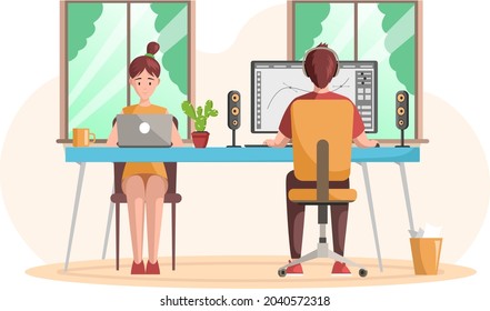 Diseñador gráfico creando su trabajo usando software de computadora y música en directo. Artista digital, ilustrador, profesional de diseño gráfico en el lugar de trabajo. Trabajadores del estudio de impresión. Trabajos independientes desde casa