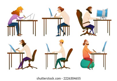Graphic designer creating his artwork using computer software sitting at desk, Digital artist, illustrator, graphic design professional at workplace.