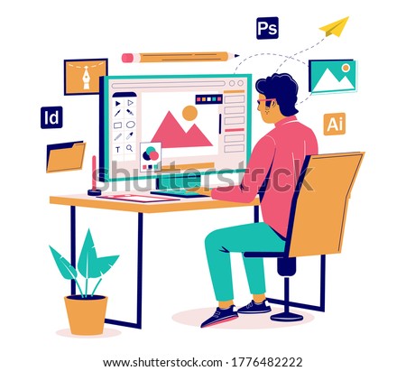 Graphic designer creating his artwork using computer software sitting at desk, vector flat isometric illustration. Digital artist, illustrator, graphic design professional at workplace.