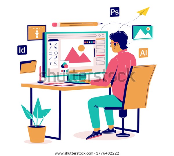 Graphic designer creating his artwork using
computer software sitting at desk, vector flat isometric
illustration. Digital artist, illustrator, graphic design
professional at
workplace.