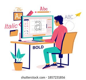 Graphic designer creating his own font using computer software sitting at desk, vector flat isometric illustration. Digital artist, illustrator at work. Graphic design creative professional workspace.