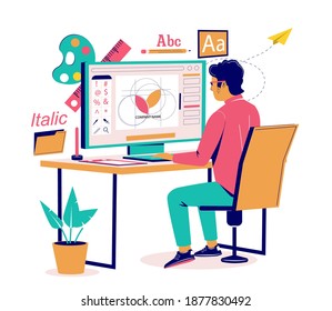 Graphic designer creating logo design using computer software sitting at desk, vector flat isometric illustration. Workspace of digital artist, illustrator, graphic design creative professional.