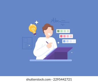 Graphic designer. creative worker. contentcreators. A male staff creates a plan or concept, illustrates a concept, and creates a visual design. using a drawing tablet. occupation or profession