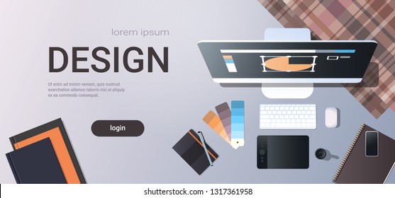 graphic designer creative workplace design studio concept top angle view desktop with digital tablet notepad color swatch office stuff copy space horizontal