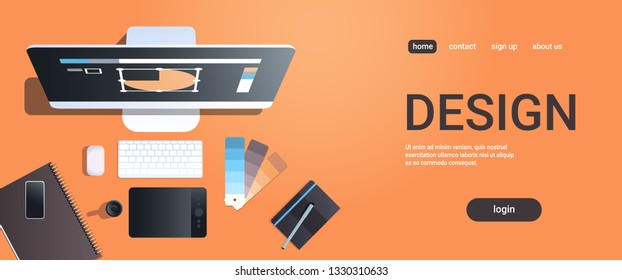 Graphic Designer Creative Workplace Design Studio Concept Top Angle View Desktop With Digital Tablet Notepad Color Swatch Office Stuff Copy Space Horizontal