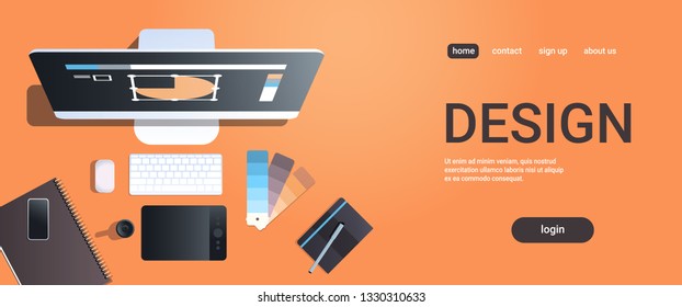 graphic designer creative workplace design studio concept top angle view desktop with digital tablet notepad color swatch office stuff copy space horizontal