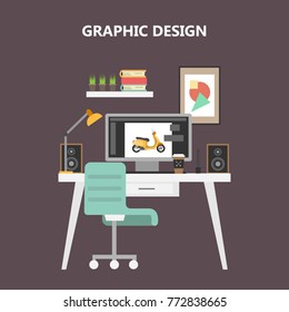 Graphic designer desktop with computer and illustrations.