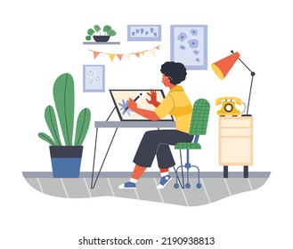 Graphic designer or digital artist female character creating illustration using graphics tablet, flat cartoon vector illustration isolated on white background.