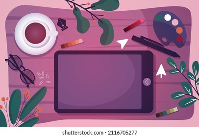 Graphic Designer Digital Drawing Tool Top View Flat Design Illustration