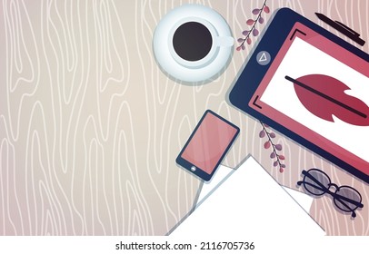 Graphic Designer Digital Drawing Tool Top View Flat Design Illustration