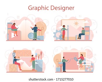Graphic designer or digital illustrator concept set. Picture on the device screen. Digital drawing with electronic tools and equipment. Creativity concept. Flat illustration vector