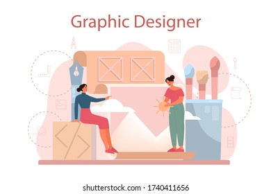 Graphic designer or digital illustrator concept. Picture on the device screen. Digital drawing with electronic tools and equipment. Creativity concept. Flat illustration vector