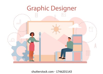 Diseño gráfico o concepto de ilustrador digital. Imagen en la pantalla del dispositivo. Dibujo digital con herramientas y equipos electrónicos. Concepto de creatividad. vector de ilustración plana