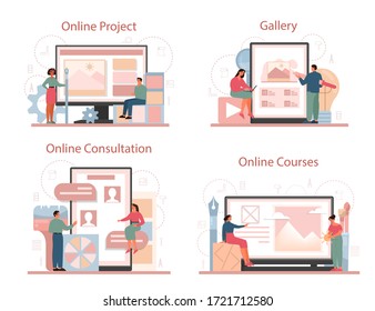 Graphic designer or digital illustrator online service or platform set. Digital drawing with electronic tools and equipment. Online project, consultation, gallery and course. Flat illustration vector