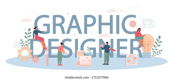 Graphic designer or digital illustrator typographic header concept. Picture on the device screen. Digital drawing with electronic tools and equipment. Creativity concept. Flat illustration vector