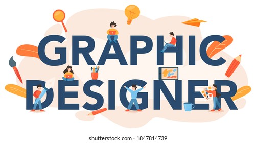 Encabezado tipográfico de diseñador gráfico o ilustrador digital. Imagen en la pantalla del dispositivo. Dibujo digital con herramientas y equipos electrónicos. Concepto de creatividad. vector de ilustración plana