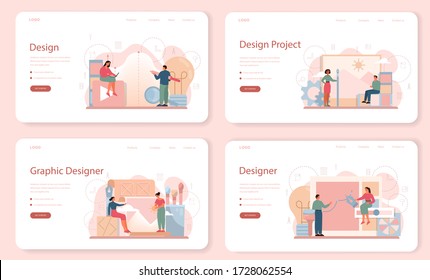 Graphic designer or digital illustrator web banner or landing page set. Picture on the device screen. Digital drawing with electronic tools and equipment. Creativity concept. Flat illustration vector