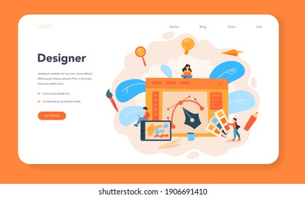 Graphic designer or digital illustrator web banner or landing page. Picture on the device screen. Digital drawing with electronic tools and equipment. Creativity concept. Flat illustration vector