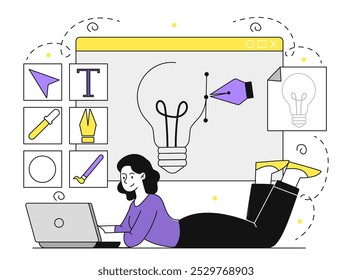 Graphic designer drawing icon. Woman with laptop draws light bulb. Freelancer and remote worker. Digital artist and editor. Linear vector illustration isolated on white background