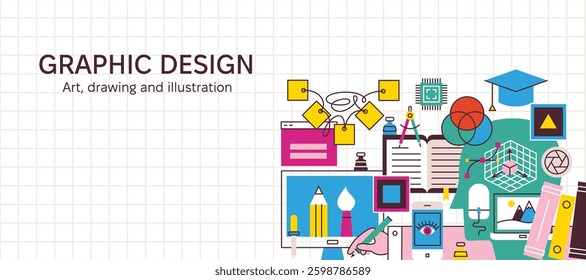 Graphic Designer Drawing Web Design. Vector Illustration of Art and Creative Lifestyle Concept. 