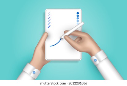 Graphic designer draws a digital image on a tablet. The use of modern technology in art. Top view. Web background. Hands holding a tablet and a pen. 3D vector illustration.