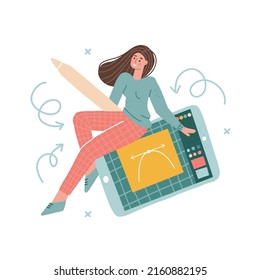 Graphic designer female character, concept profession digital artist, illustrator. Cute girl artist sitting on big tablet with stylus in hand. Vector flat hand drawn illustration