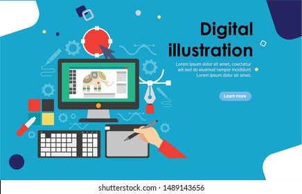 graphic designer flat design easy to use showing the graphic work like digital , printing, logo and freelancer