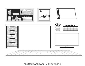 Conjunto de objetos de dibujos animados de línea 2D en blanco y negro de los muebles de diseño gráfico. Accesorios de oficina en el hogar aislado contorno de Vector artículos de colección. Decoración de Espacio de trabajo monocromática de manchas planas ilustraciones