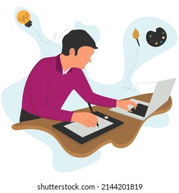 Graphic Designer Guy Work In Front Of Laptop Using Pen Tablet. World Graphics Day. Greeting Card. Flat Illustration Style. Vector Full Color Graphics. Businessman, Technology  Concept Design.