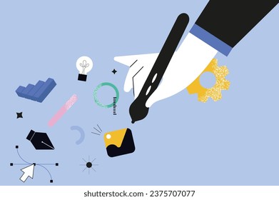 Graphic designer hands concept in the flat cartoon design. The designer holds a graphic pen with which he creates real masterpieces. Vector illustration.