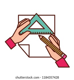 graphic designer hands with pencil ruler triangle and paper