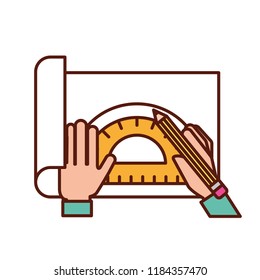 graphic designer hands working with protractor and pencil