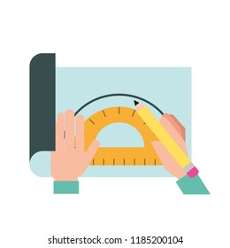 graphic designer hands working with protractor and pencil