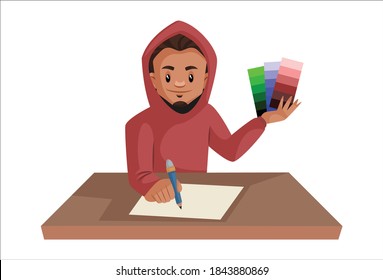 Graphic designer is holding colored cards in one hand and writing on a paper with another hand. Vector graphic illustration. Individually on white background.