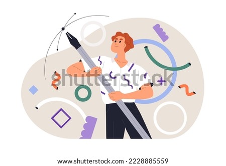 Graphic designer holding pen tool, drawing digital art. Creative tiny artist illustrator at work process. Modern young painter and big pentool. Flat vector illustration isolated on white background