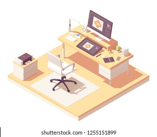 Graphic designer home office or studio workspace. Vector isometric room cross-section with desk, desktop pc, graphic tablet, sketch book, office chair, printer and stylish lamp